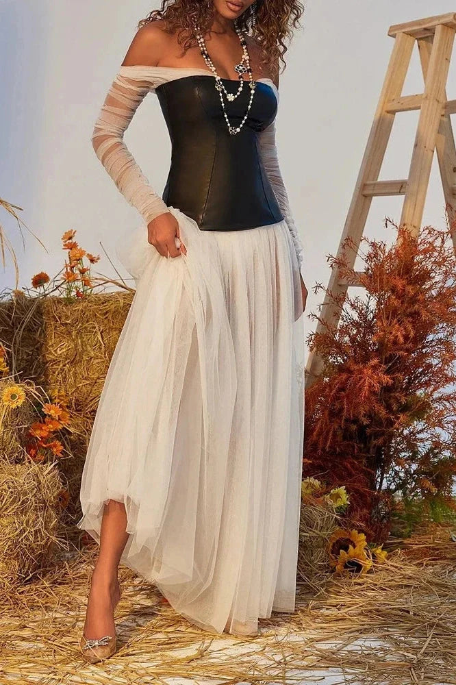 Off Shoulder Pleated High Waist PU Leather Maxi Dress
