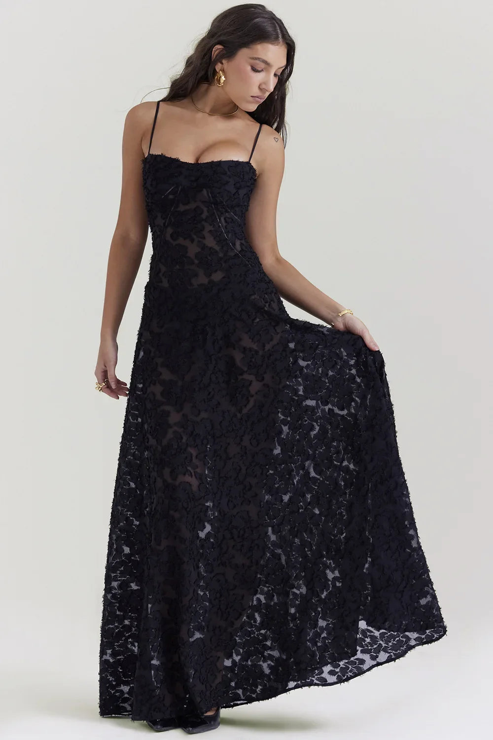 Elegant Print Spaghetti Strap Sleeveless Backless Maxi Dress