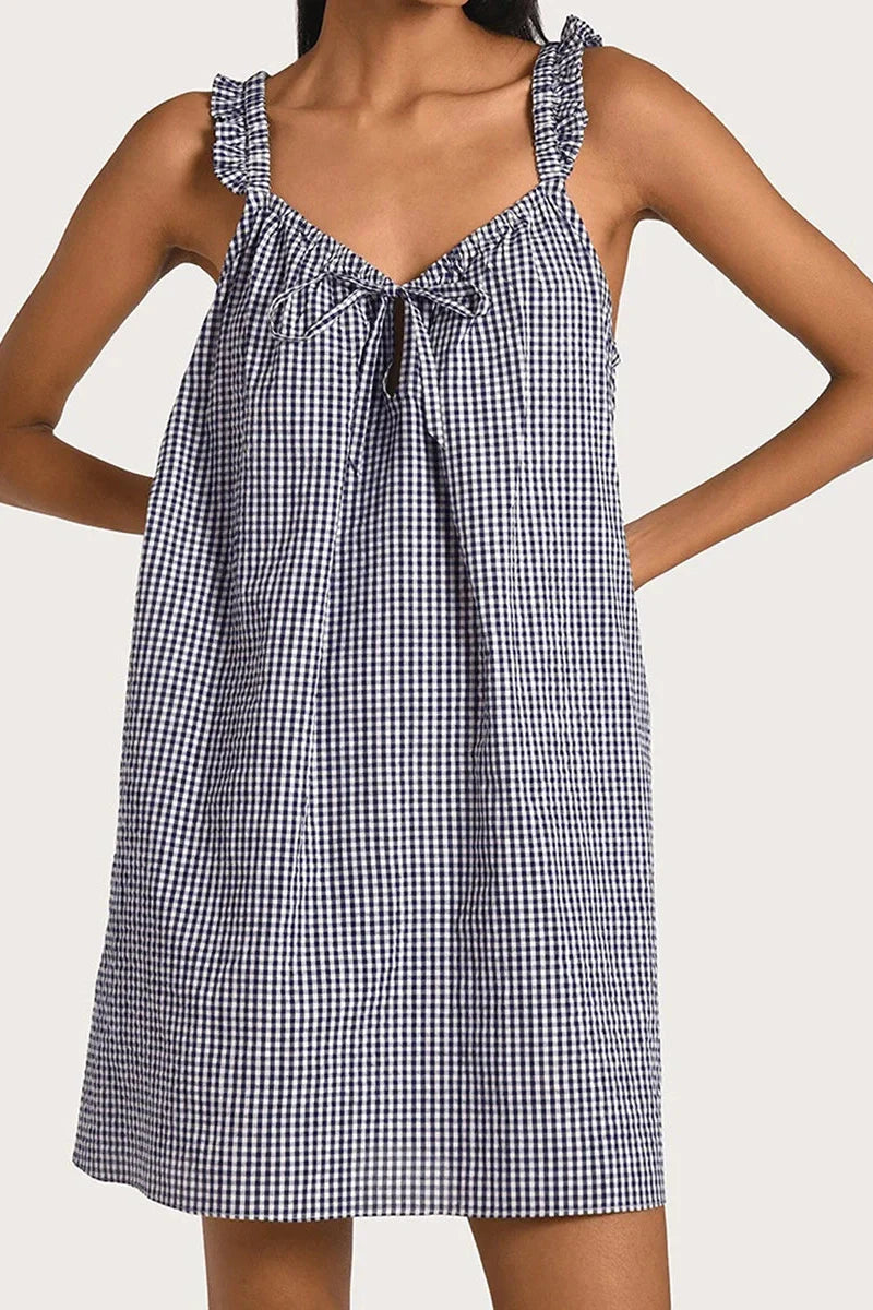 Sleeveless Tie-Up Plaid Loose Mini Dress