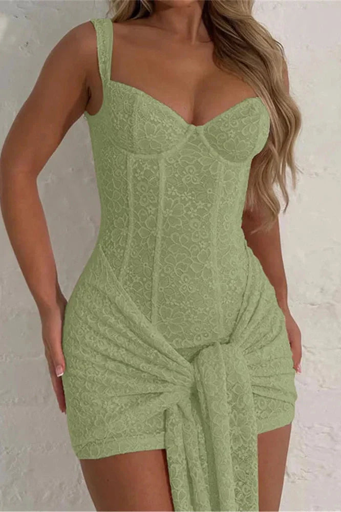 Lace Slim See-Through High Waist V-Neck Bodycon Mini Dress