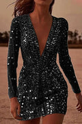 Deep V Neck Slim Long Sleeved A-Line High Waist Mini Dress