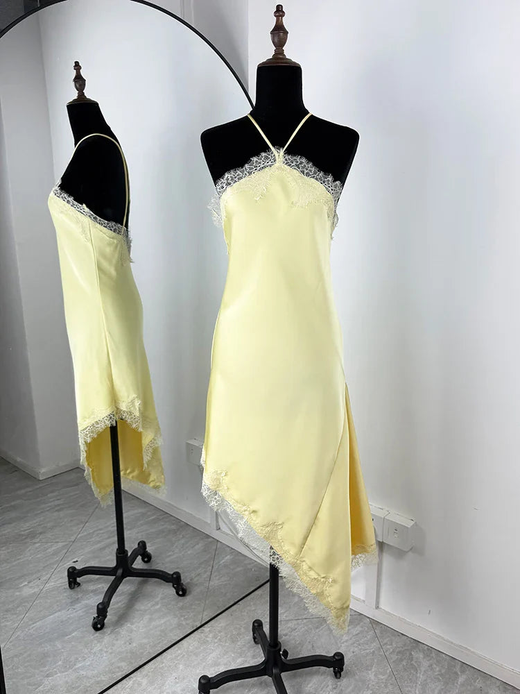 Lace Backless Spaghetti Strap Irregular Midi Dress