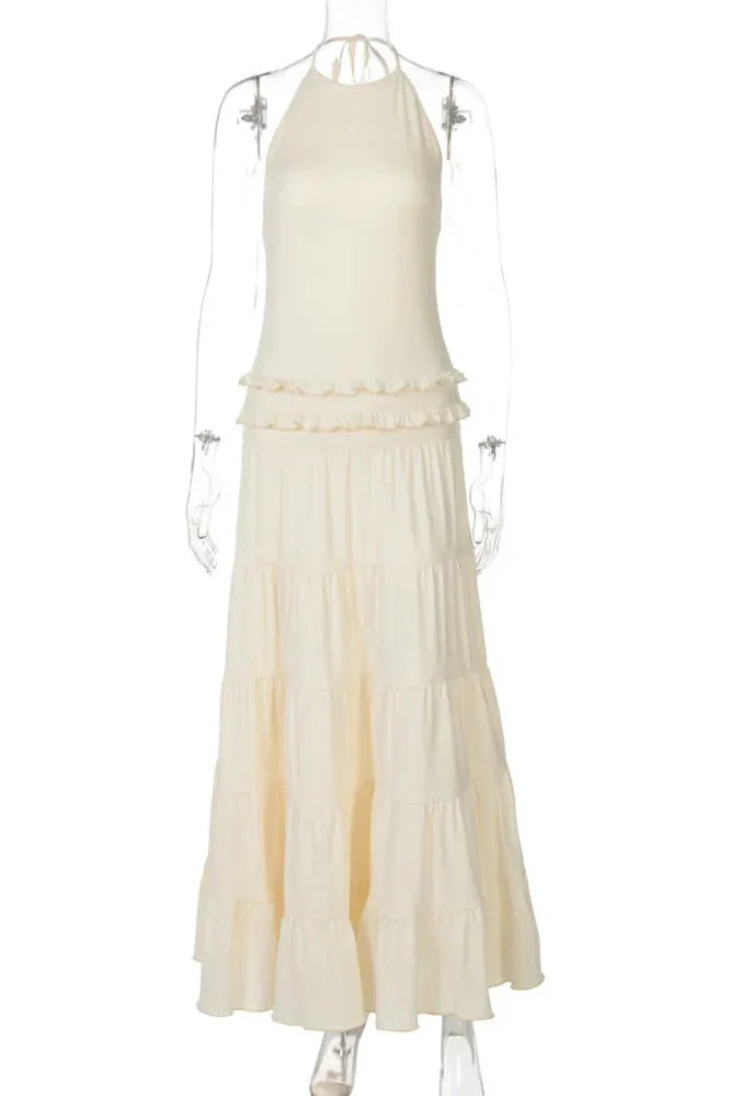 Backless Pleated Sleeveless High Waist Lace-Up A-Line Maxi Dress