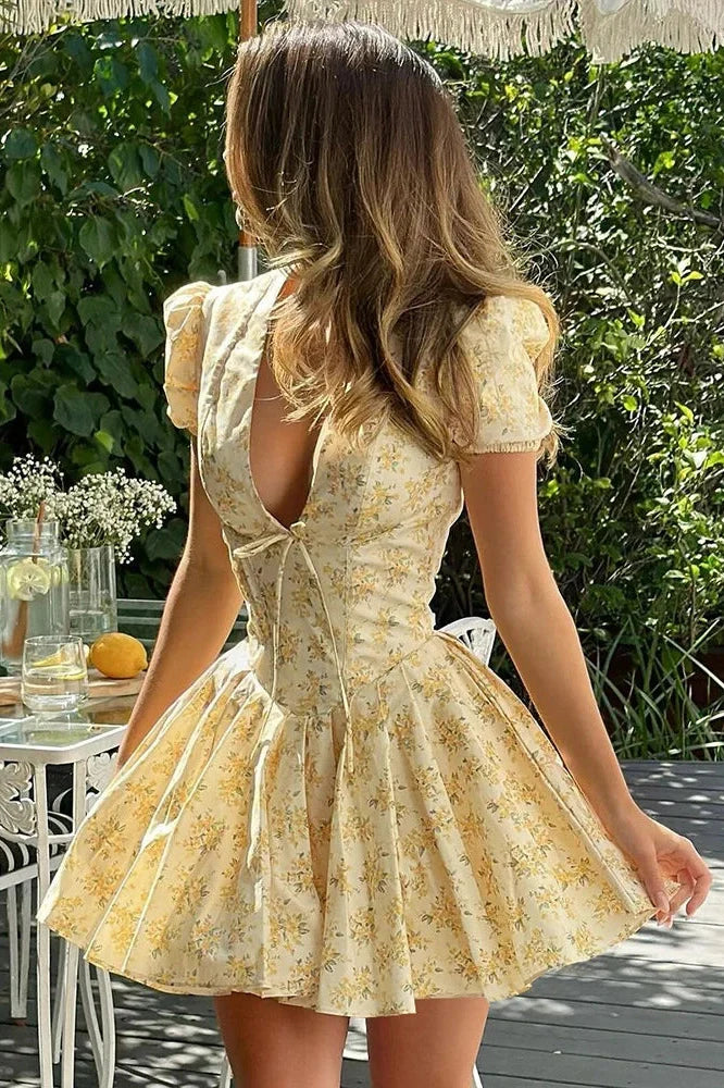 Printed Deep V Neck Patchwork Short Sleeve Mini Dress