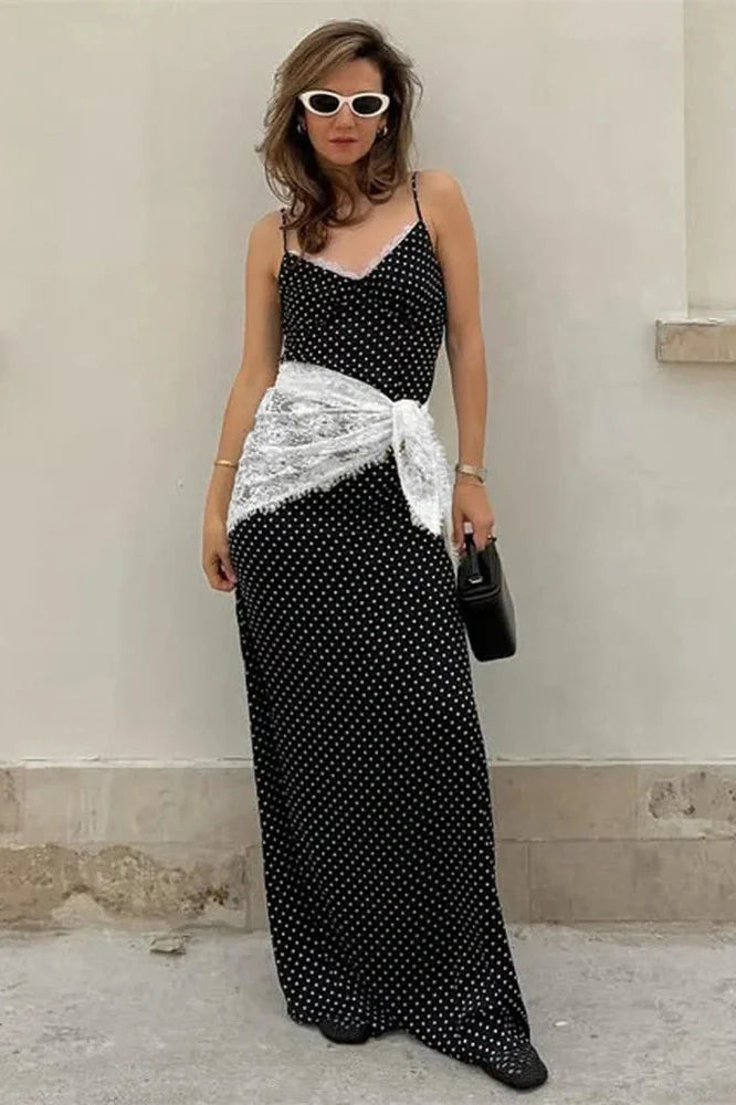Lace Patchwork Printed Slim V-Neck Backless Maxi Dress