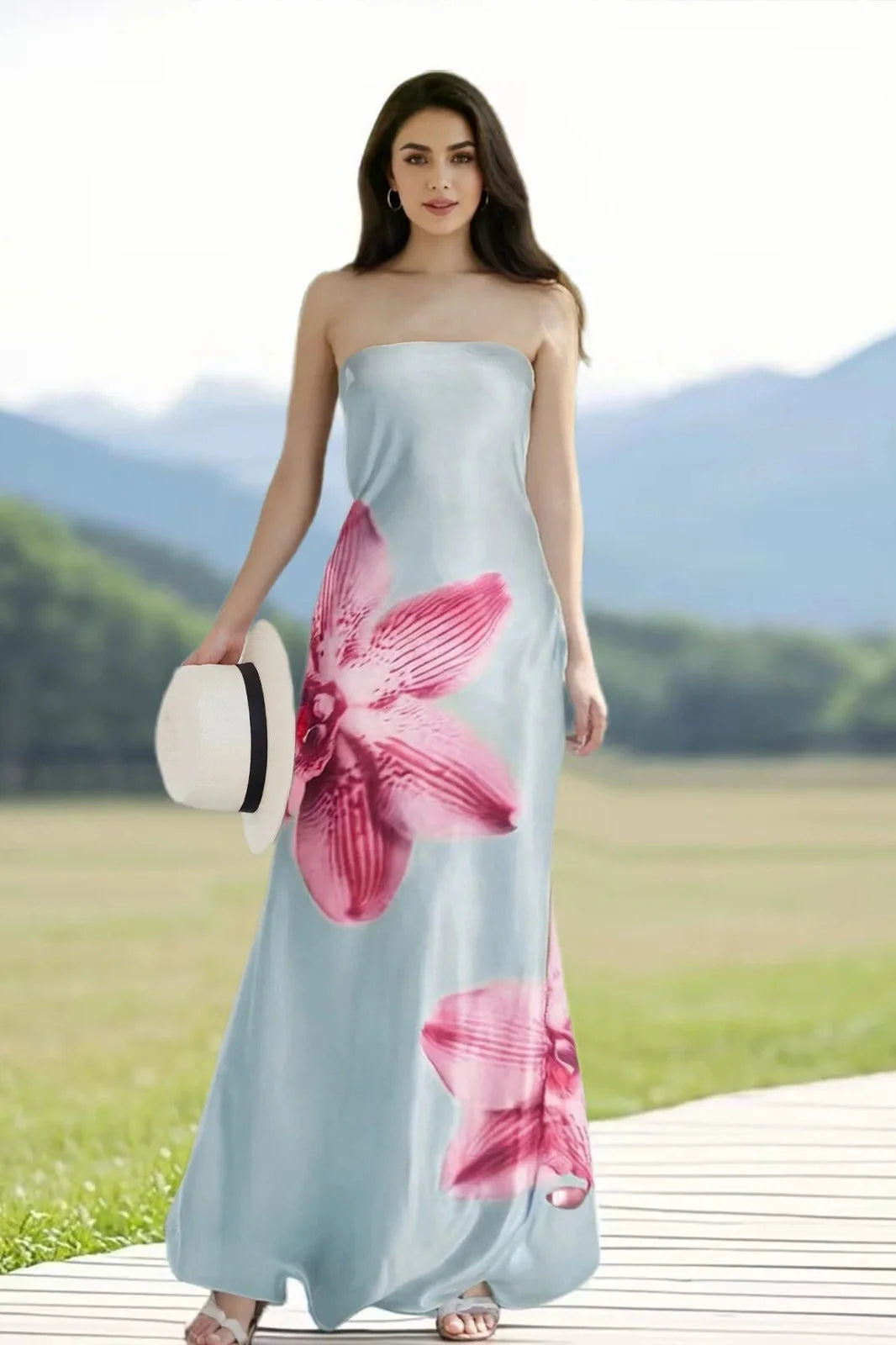 Sleeveless Off-Shoulder Flower Print Maxi Dress