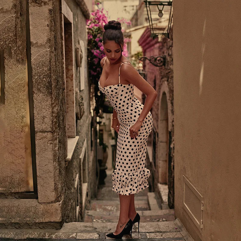 Polka Dot Slim Sleeveless Midi Dress