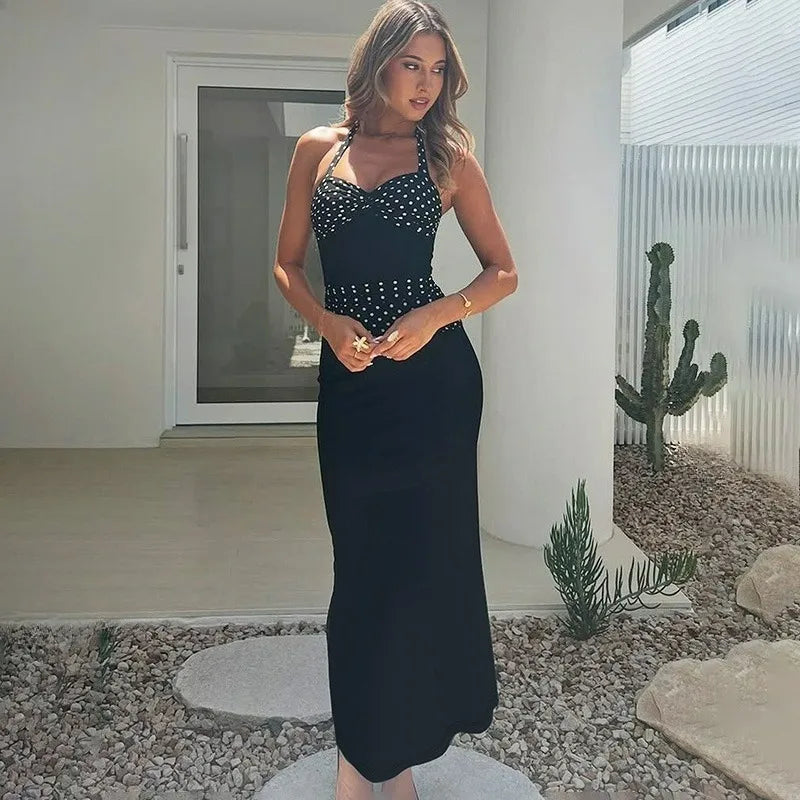 Polka Printed Lace-Up V-Neck Patchwork Maxi Dress