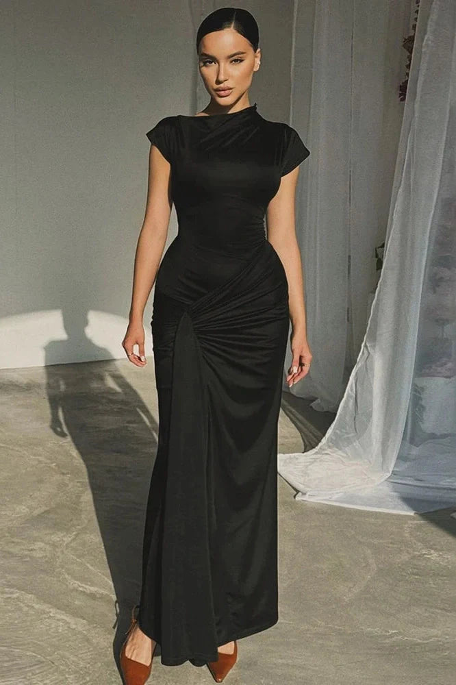 Elegant Slim Pleated Lace Up Short Sleeve Maxi Dress