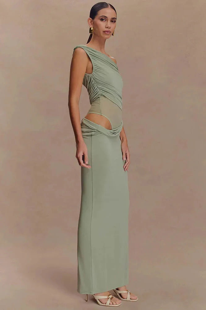 One Shoulder Backless Sleeveless Split Maxi Dress