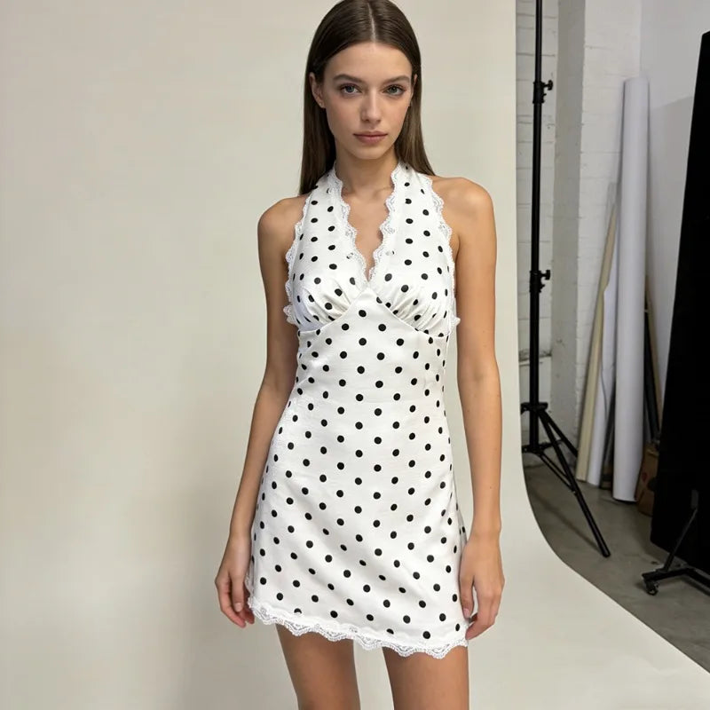 Lace-Up Polka Dot V-Neck Patchwork Backless Mini Dress