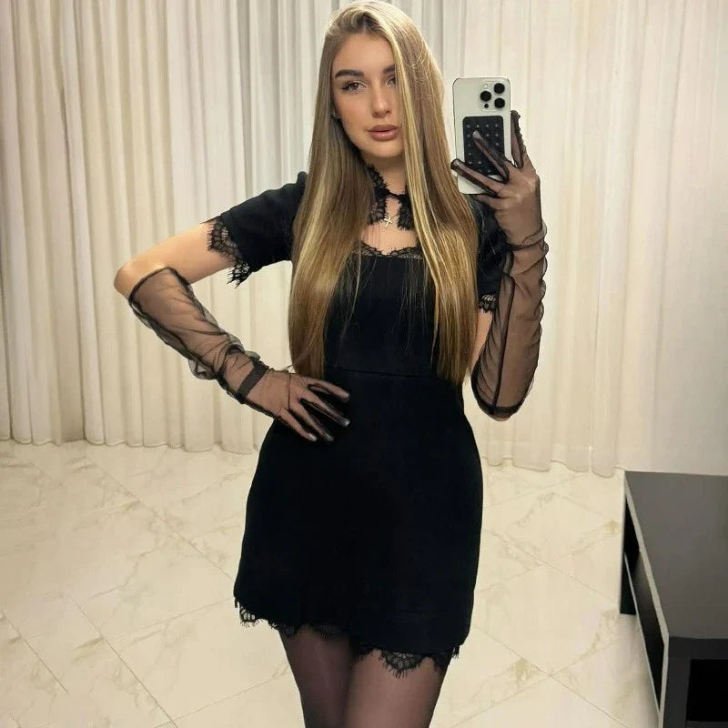 Elegant Hollow Out Patchwork High Waist Mini Dress