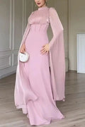 Elegant O-Neck Split Sleeve Slim Pleated High Waist Maxi Dress