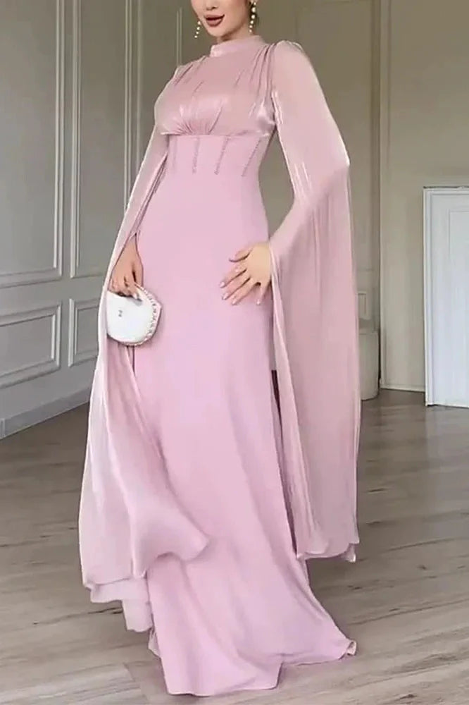 Elegant O-Neck Split Sleeve Slim Pleated High Waist Maxi Dress