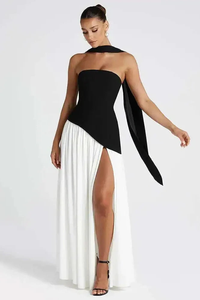 Strapless Off-Shoulder Patchwork Scarf Collar High Split Maxi Dress