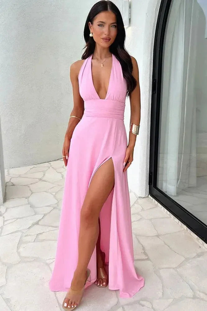 Elegant Backless Lace Up High Waist Split Maxi Dress
