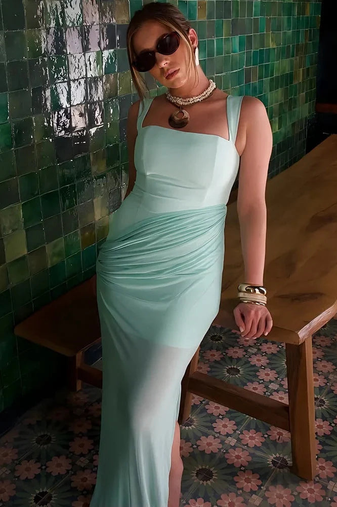 Patchwork Square Collar Sleeveless Backless High Waist Maxi Dress