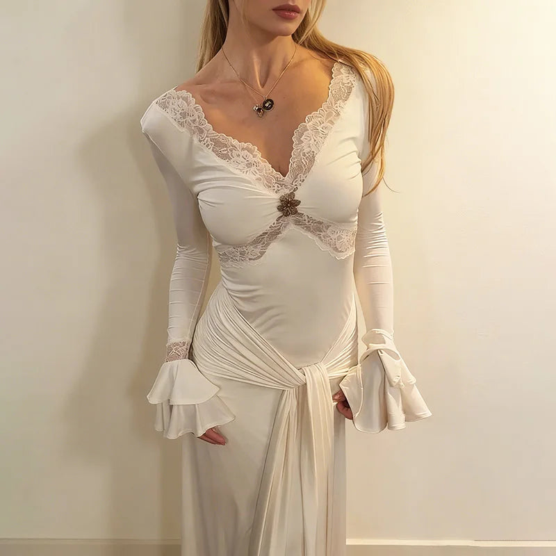 Elegant Hollow Out V-Neck Patchwork Maxi Dress