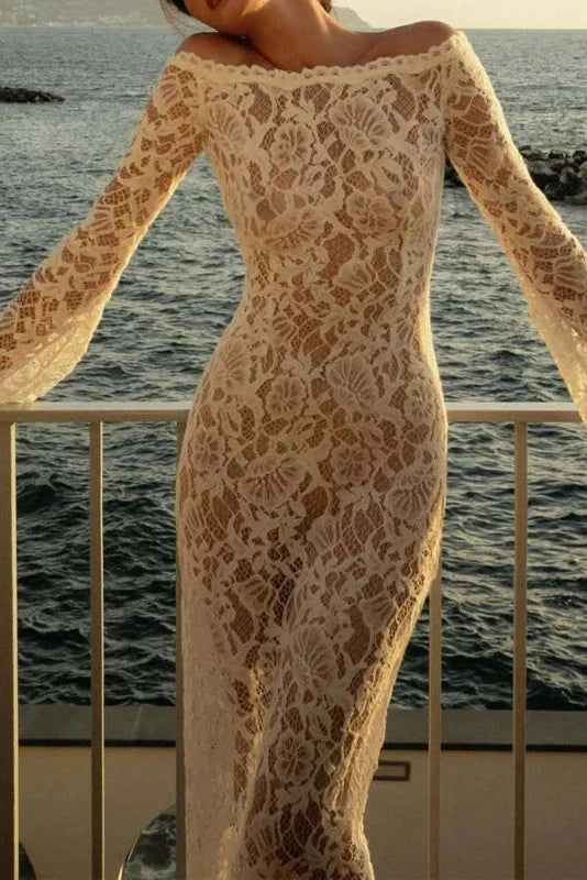 Off Shoulder Long Sleeve Lace Slim High Waist Maxi Dress