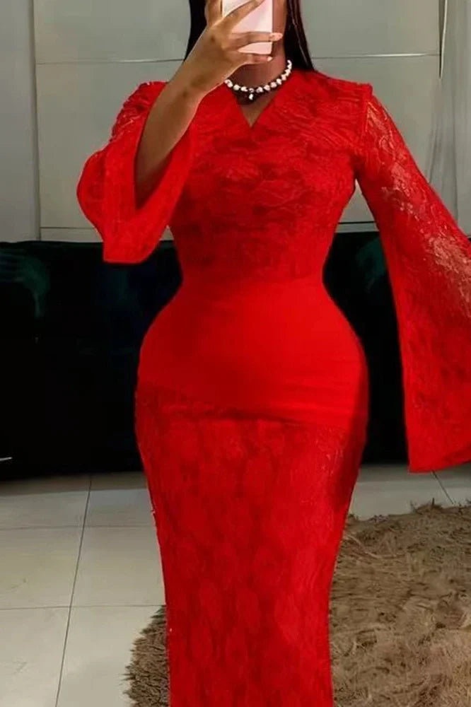Hollow Out Lace Flare Sleeve High Waist Slim Maxi Dress