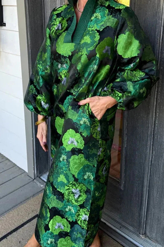Elegant Pocket Floral Printed Long Sleeve Loose Maxi Dress