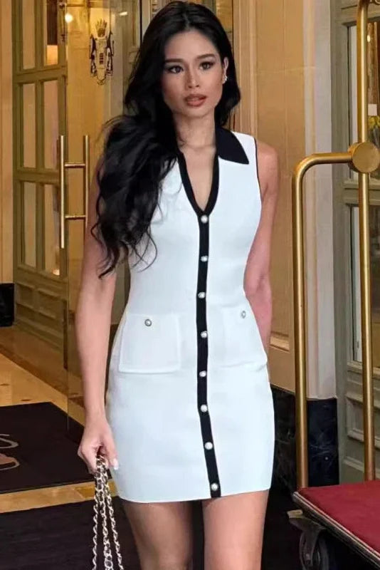 Sleeveless Knitted Slim Single Breasted Mini Dress