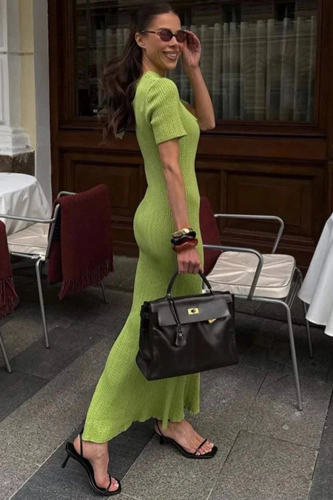 Hollow-Out Short Sleeve Knitted Slim High Waist Maxi Dress