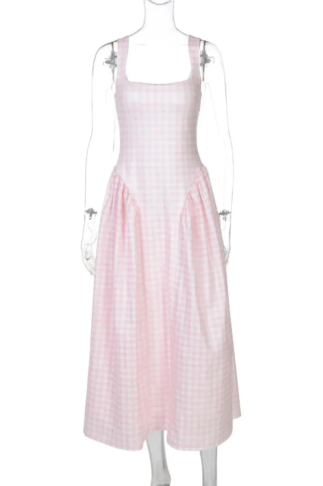 Plaid Printed Spaghetti Strap High Waist A-line Backless Midi Dress