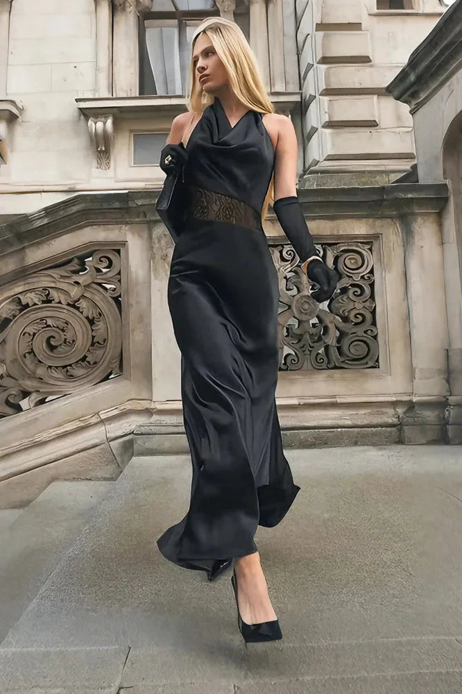 Lace See-Through V-Neck High Waist Slim Maxi Dress