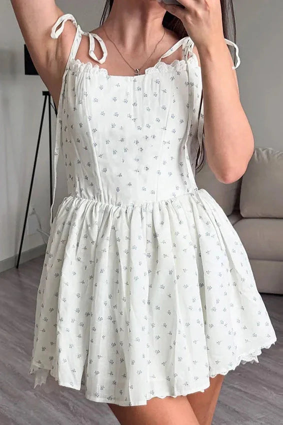 Elegant Floral Print Pleated Straps Sleeveless Slim Mini Dress
