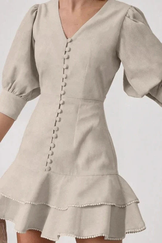 Lantern Sleeve A-Line V-Neck Single-Breasted High Waist Mini Dress