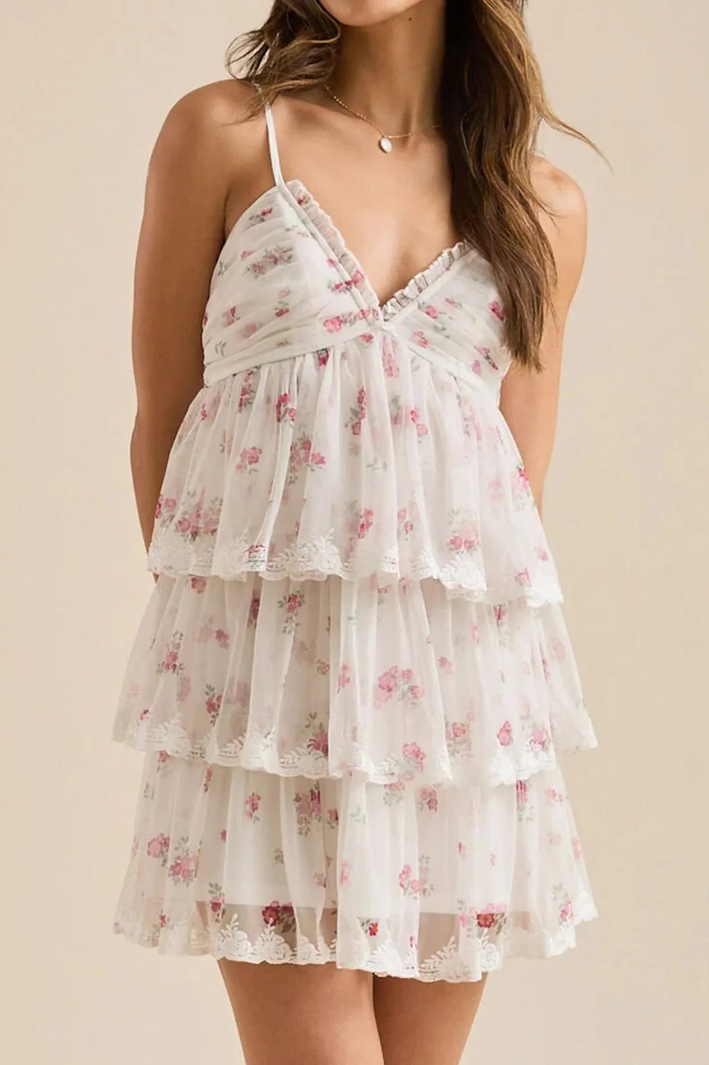 V Neck A-Line Printed Spaghetti Strap Mini Dress