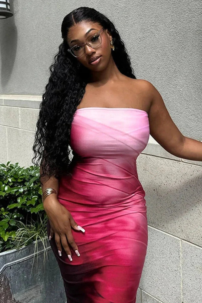 Strapless Print Off-shoulder Backless Midi Dress