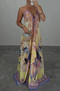 Printed High Waist V-Neck Backless Sleeveless Loose Maxi Dress