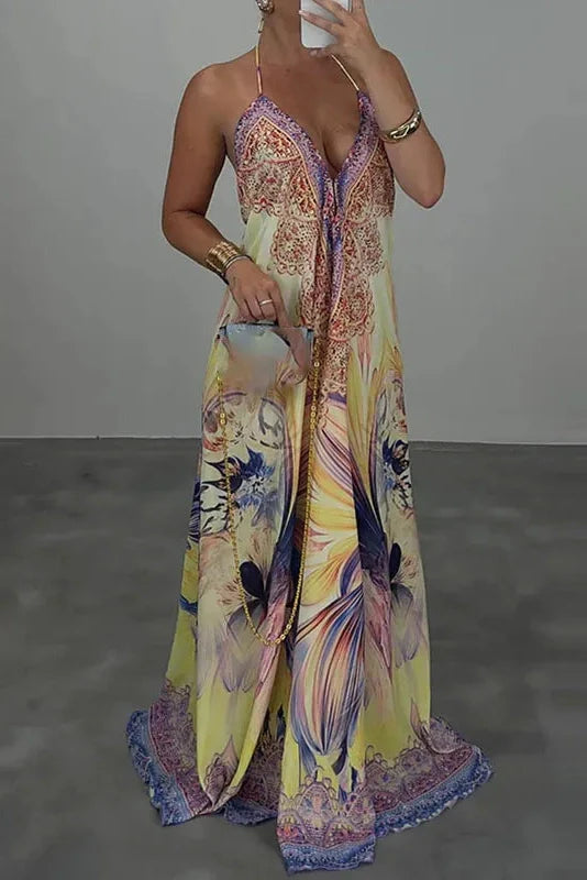 Printed High Waist V-Neck Backless Sleeveless Loose Maxi Dress
