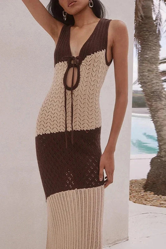 Hollow Out Sleeveless Stripe Print V-Neck Maxi Dress