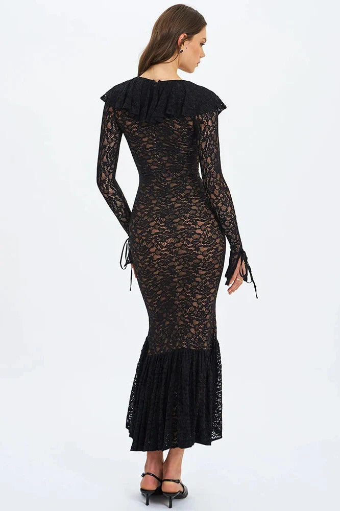 Lace V Neck Long Flare Sleeve High Waist Maxi Dress