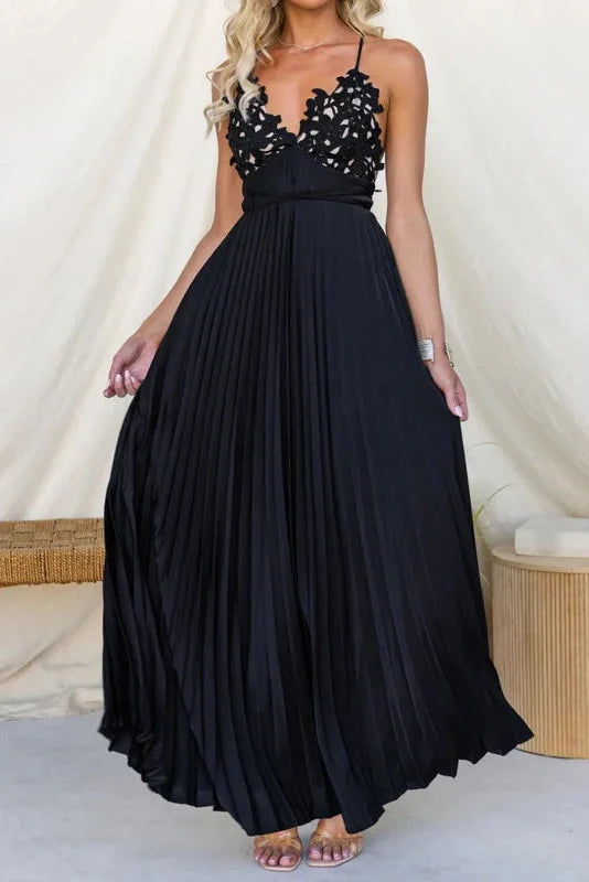 Backless Pleated Lace Sleeveless High Waist Maxi Dress