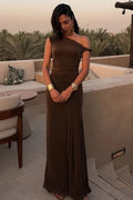One Shoulder Slim Sleeveless Patchwork Pleated Maxi Dress