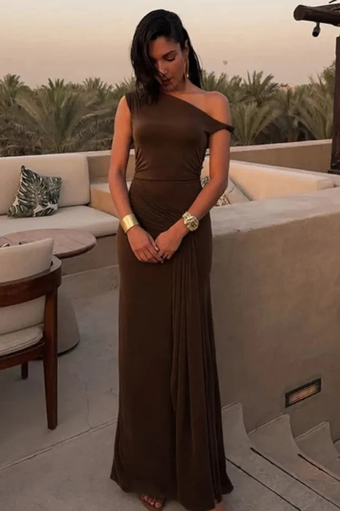 One Shoulder Slim Sleeveless Patchwork Pleated Maxi Dress