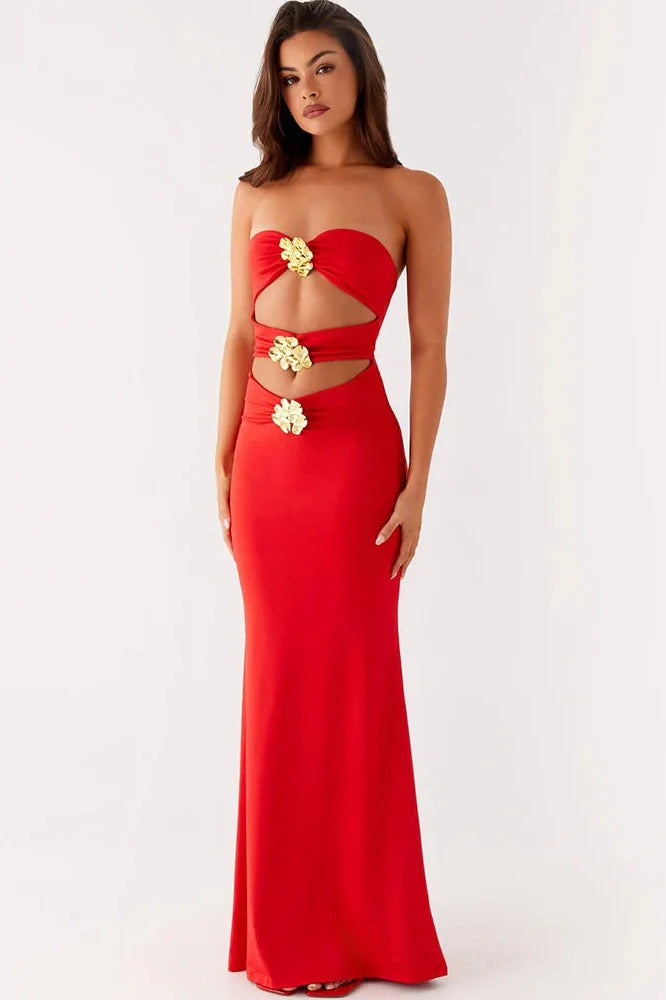 Hollow Out Strapless Off-Shoulder Backless Bodycon Maxi Dress