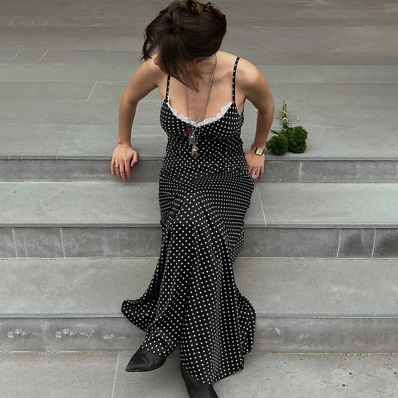 V-Neck Polka Dot Lace Patchwork Sleeveless Maxi Dress