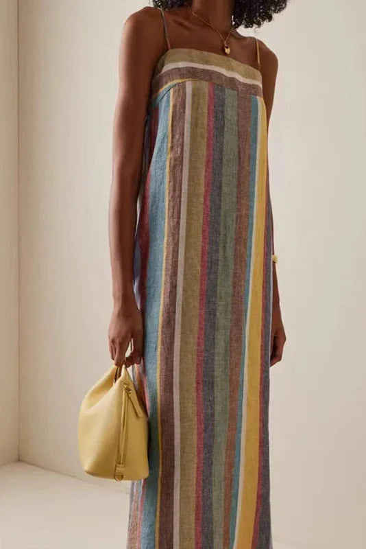 Striped Printed Backless Slash Neck Maxi Dress