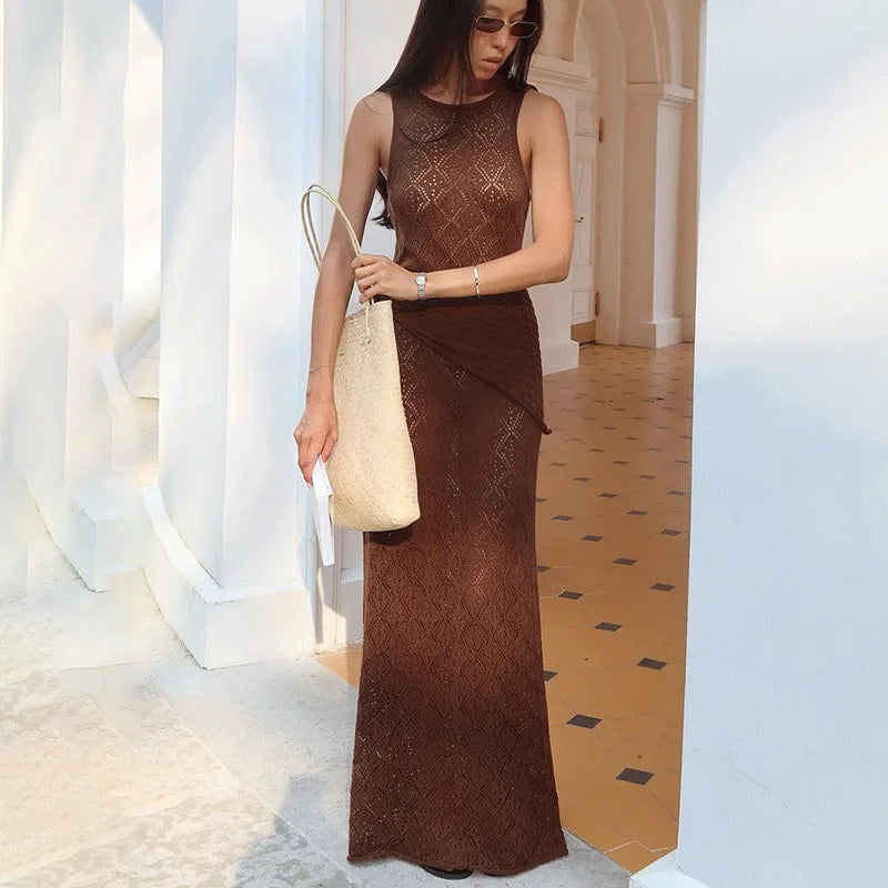 Elegant Hollow Out See-Through Sleeveless Maxi Dress