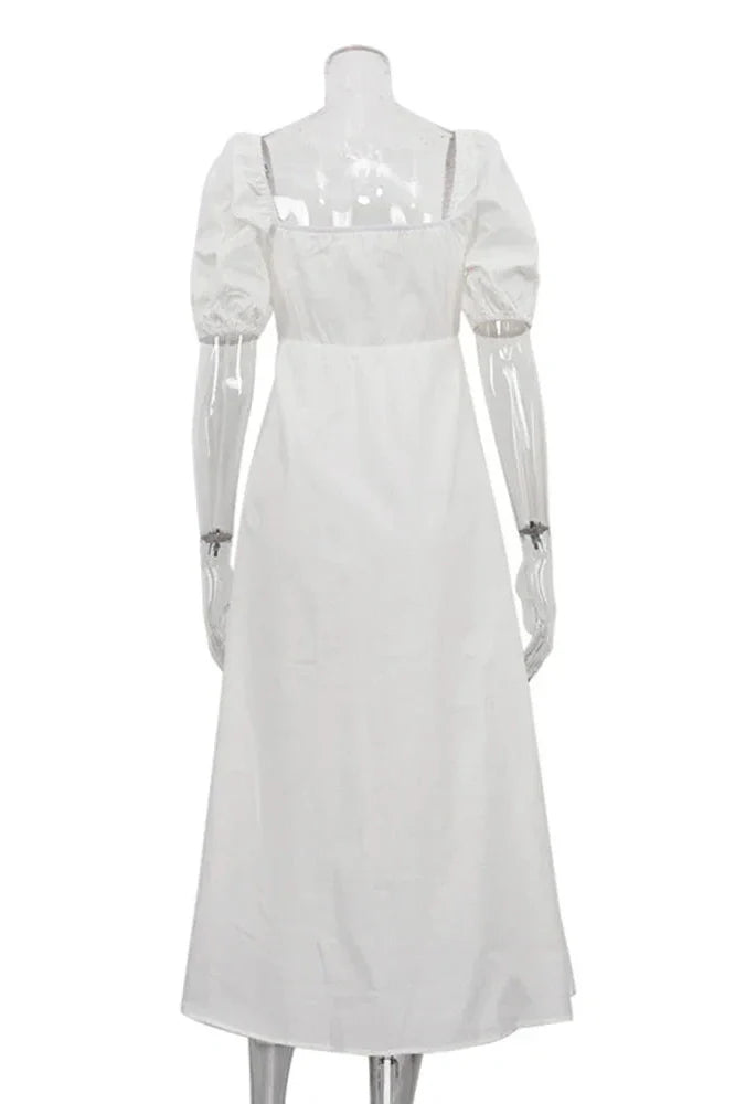 Hollow Out Cotton Square Collar Puff Sleeve Slim A-Line Maxi Dress