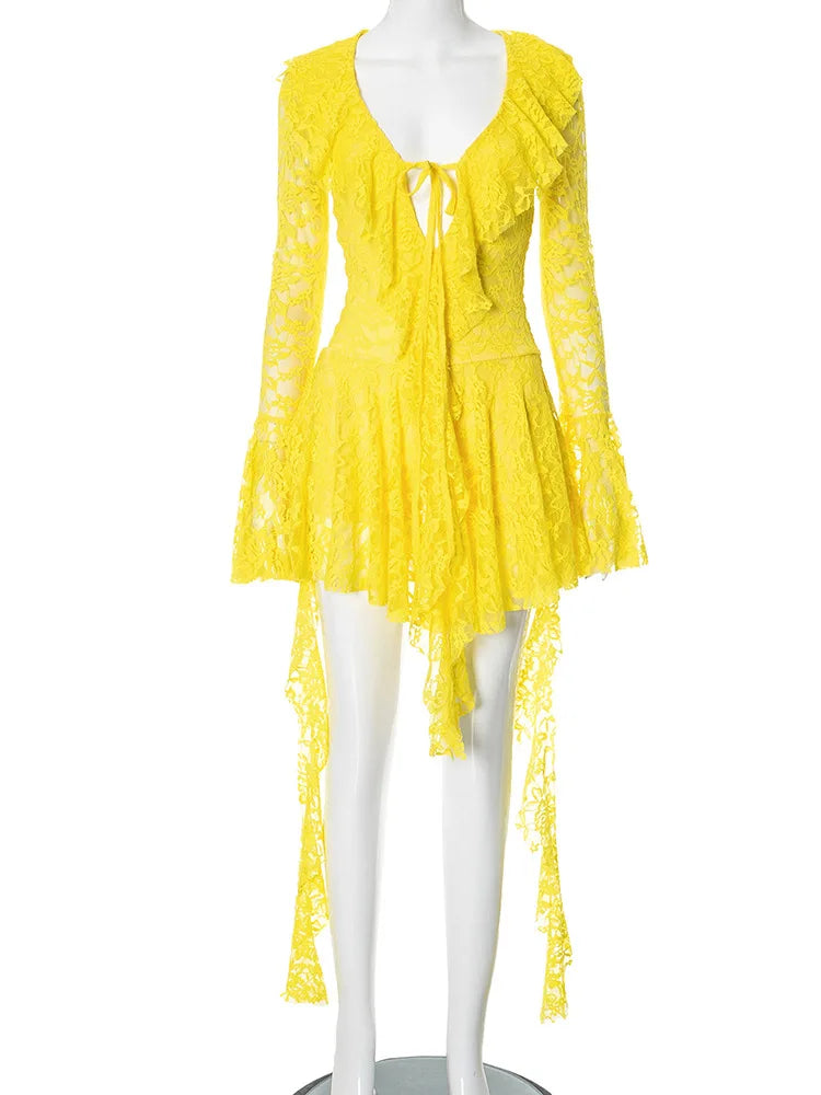 See-Through Lace Long Sleeve V-Neck Mini Dress