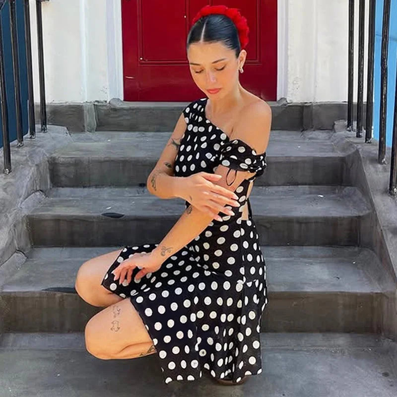 Polka Dot Off-Shoulder Long Sleeve Patchwork Mini Dress