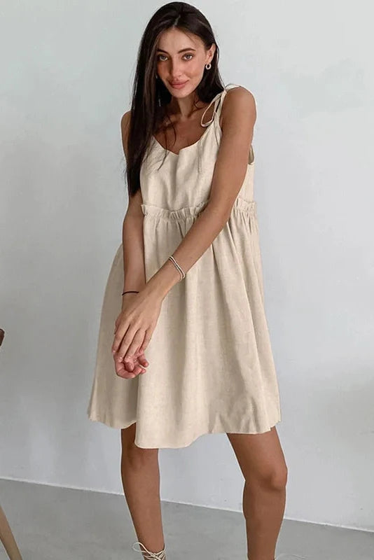 Spaghetti Strap Loose Cotton Lace Up Mini Dress