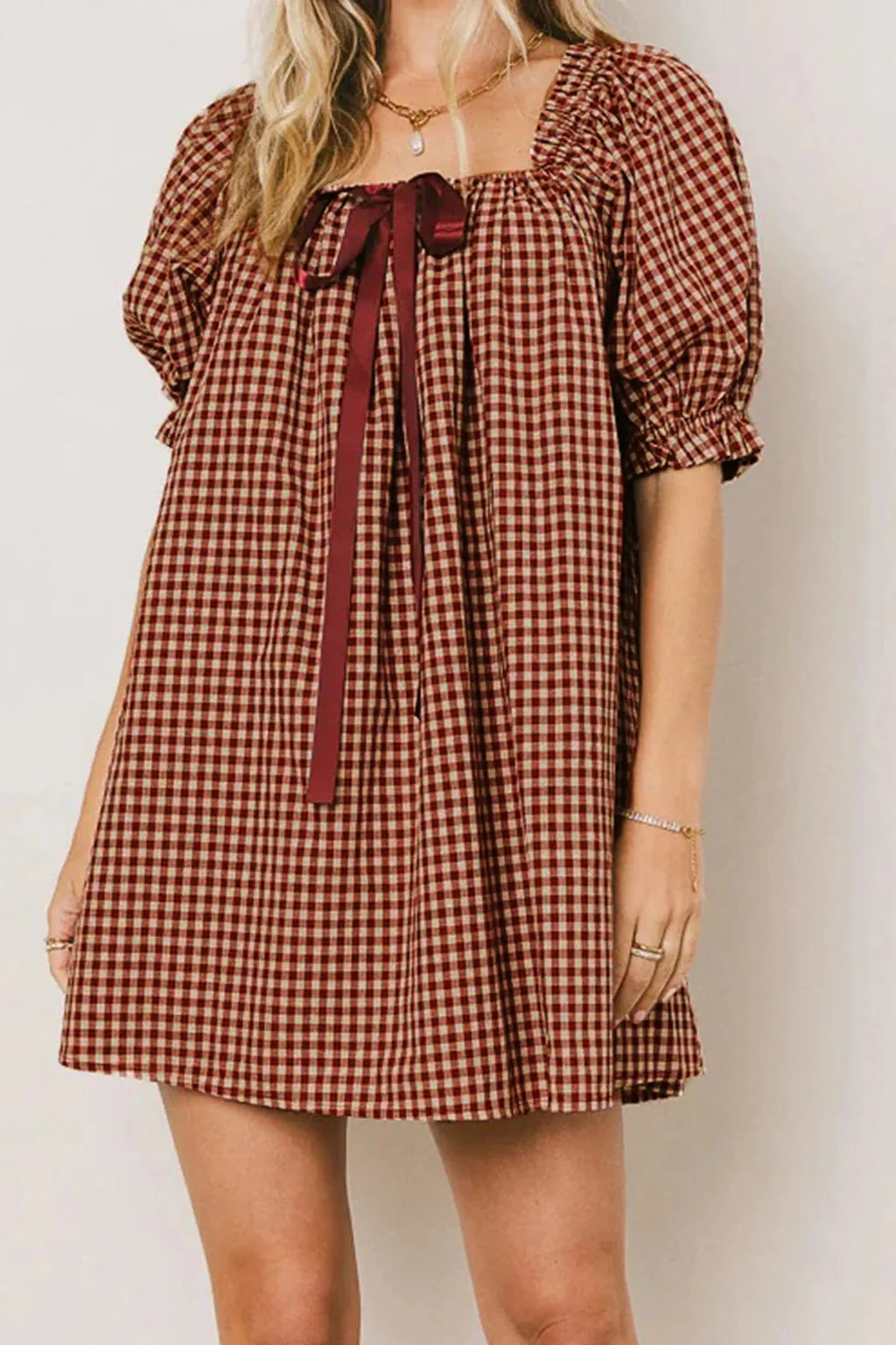 Plaid Loose Square Neck Puff Sleeve Mini Dress
