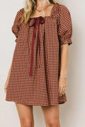 Plaid Loose Square Neck Puff Sleeve Mini Dress